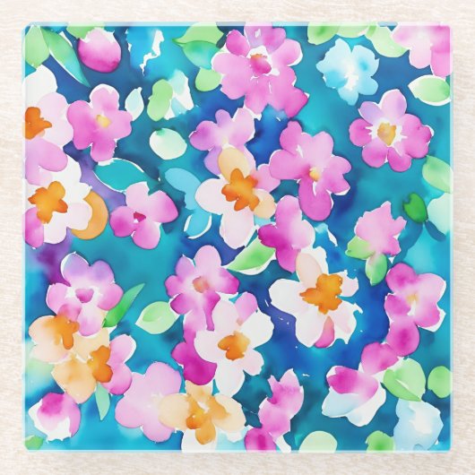 ピンクとかわいらし水色の花 ガラスコースター (正面)