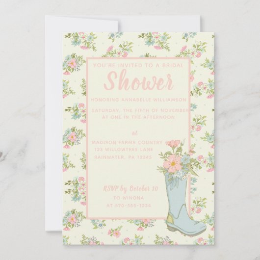 ピンクとアイボリーレインブーツウェディングシャワー 招待状 (正面)