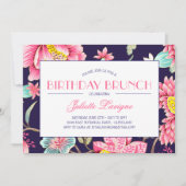 ピンクとアクアと青の花模様の誕生日 招待状 (正面)