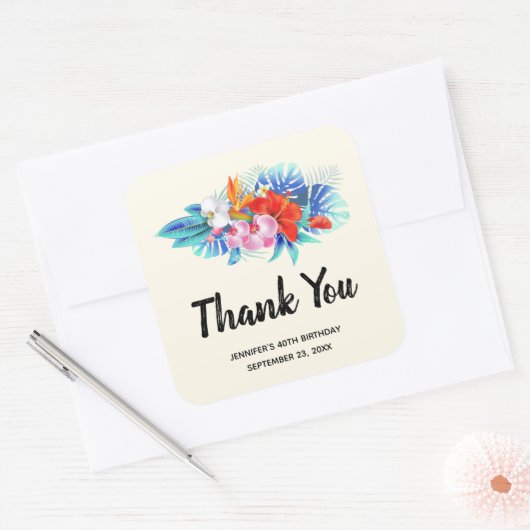 ピンクとアクアのエキゾチックな熱帯の花誕生日 スクエアシール (封筒)