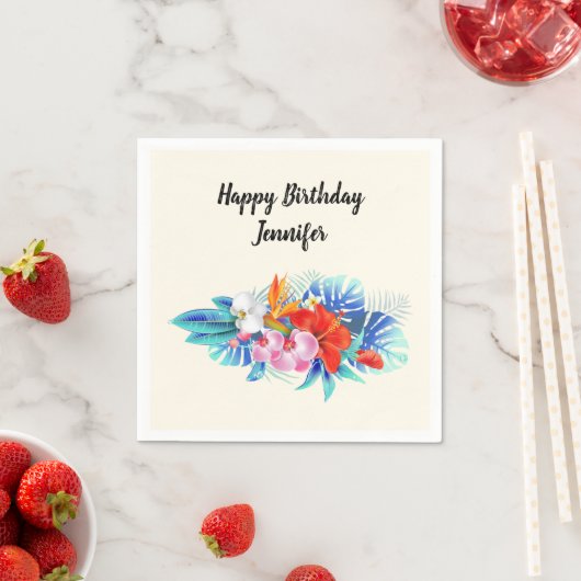 ピンクとアクアのエキゾチックな熱帯の花誕生日 スタンダードカクテルナプキン (インサイチュ)