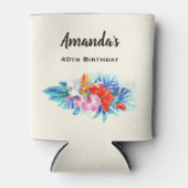 ピンクとアクアのエキゾチックな熱帯の花誕生日 缶クーラー (正面)