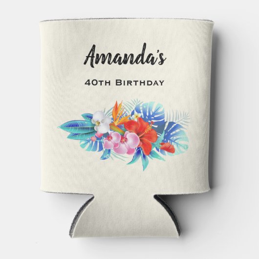 ピンクとアクアのエキゾチックな熱帯の花誕生日 缶クーラー (正面)