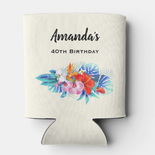 ピンクとアクアのエキゾチックな熱帯の花誕生日 缶クーラー (裏面)