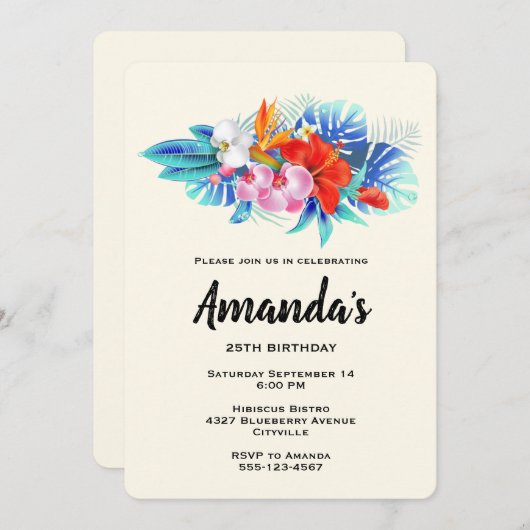 ピンクとアクアのエキゾチックな熱帯花 招待状 (正面/裏面)