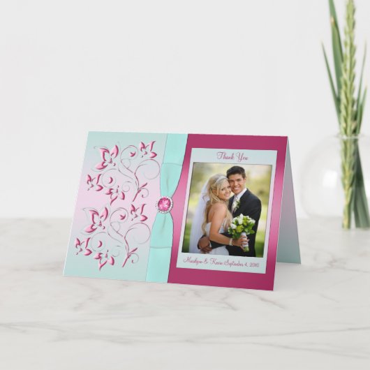 ピンクとアクアの写真付き感謝カード サンキューカード (正面)