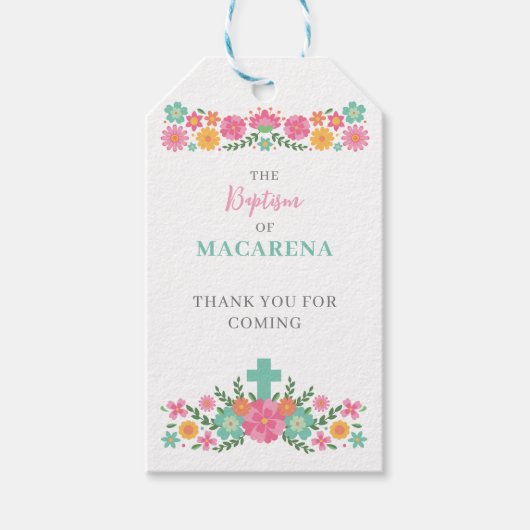 ピンクとアクアの花とクロス赤ちゃん女の子バプテスマ ギフトタグ (正面)