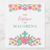 ピンクとアクアの花とクロス赤ちゃん女の子バプテスマ ワインラベル (シングルラベル)