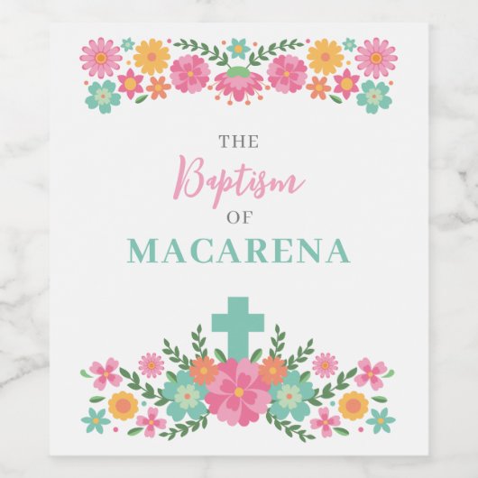 ピンクとアクアの花とクロス赤ちゃん女の子バプテスマ ワインラベル (シングルラベル)