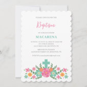ピンクとアクアの花とクロス赤ちゃん女の子バプテスマ 招待状 (正面)