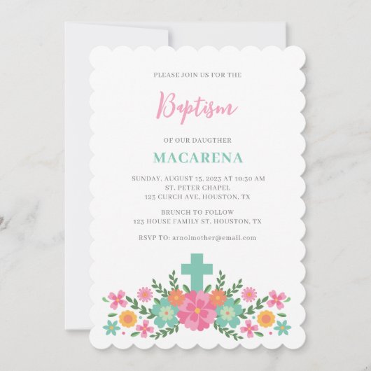 ピンクとアクアの花とクロス赤ちゃん女の子バプテスマ 招待状 (正面)