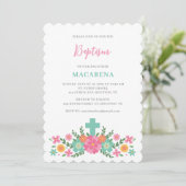 ピンクとアクアの花とクロス赤ちゃん女の子バプテスマ 招待状 (スタンド正面)