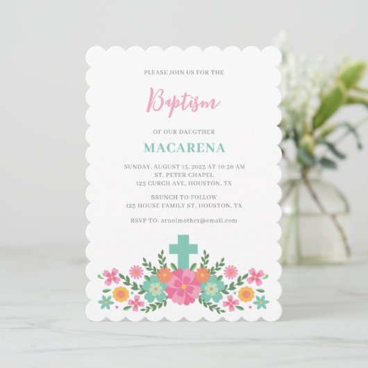 ピンクとアクアの花とクロス赤ちゃん女の子バプテスマ 招待状 (スタンド正面)