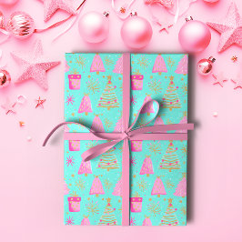 ピンクとアクアの華やかクリスマス ラッピングペーパー