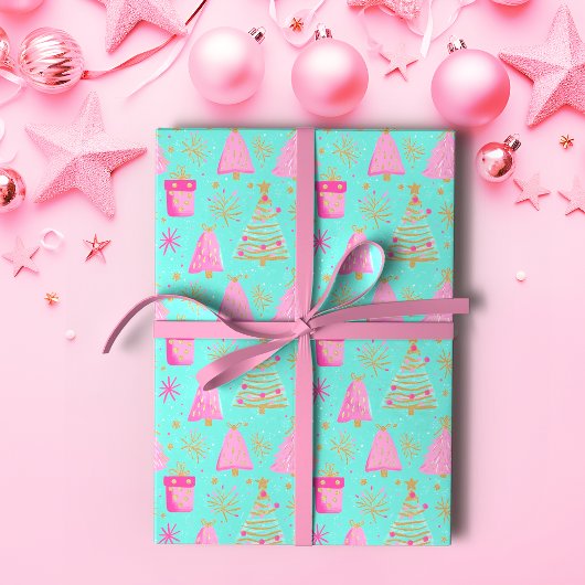 ピンクとアクアの華やかクリスマス ラッピングペーパー