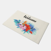 ピンクとアクアウェルカムのエキゾチックな熱帯花 ドアマット (アングル)