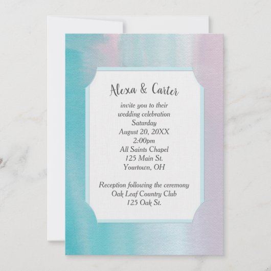 ピンクとアクアウォーターカラーウェディング招待 招待状 (正面)