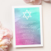 ピンクとアクアウォーターカラーバルミツワー招待状 招待状