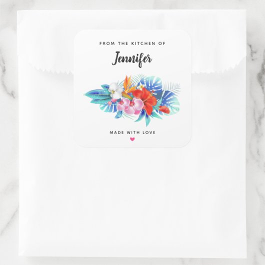 ピンクとアクアキッチンのエキゾチックな熱帯花 スクエアシール (バッグ)