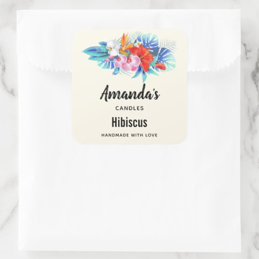 ピンクとアクアキャンドルのエキゾチックな熱帯花 スクエアシール (バッグ)