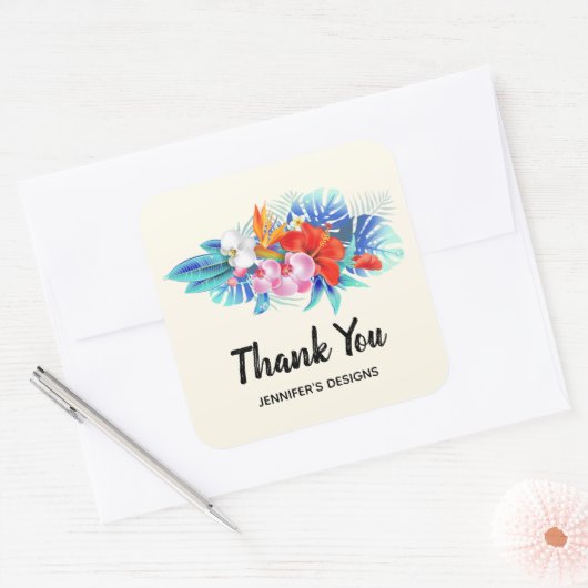 ピンクとアクアビジネスのエキゾチックな熱帯花 スクエアシール (封筒)