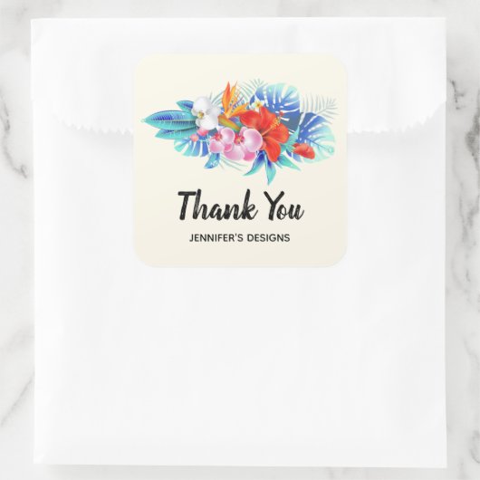 ピンクとアクアビジネスのエキゾチックな熱帯花 スクエアシール (バッグ)