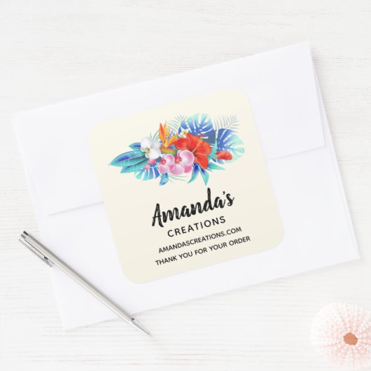 ピンクとアクアビジネスのエキゾチックな熱帯花 スクエアシール (封筒)