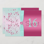 ピンクとアクアフローラSweet sixteen招待状 招待状 (正面/裏面)