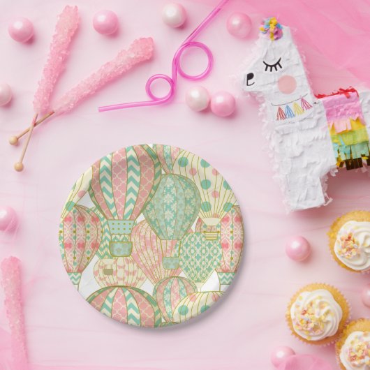 ピンクとアクアブルーのホットエアバルーンのパターン ペーパープレート (パーティー)