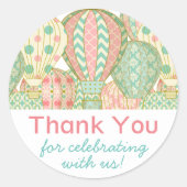 ピンクとアクアブルーのホットエアバルーン赤ちゃんシャワー ラウンドシール (正面)