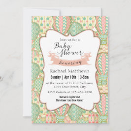 ピンクとアクアブルーのホットエアバルーン赤ちゃんシャワー 招待状