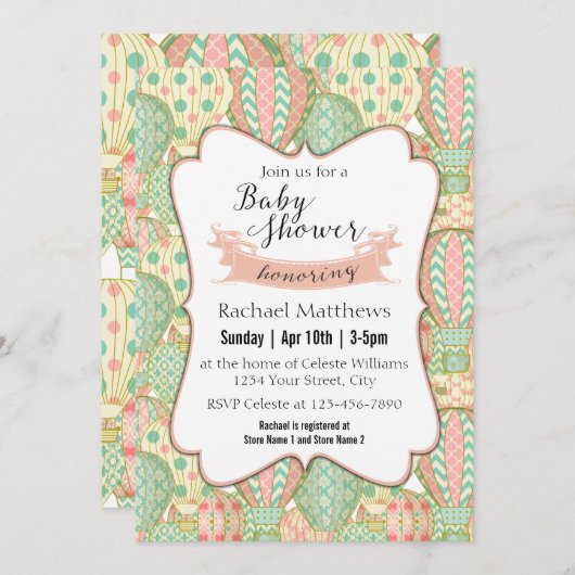 ピンクとアクアブルーのホットエアバルーン赤ちゃんシャワー 招待状 (正面/裏面)