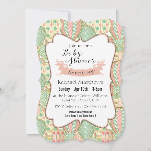 ピンクとアクアブルーのホットエアバルーン赤ちゃんシャワー 招待状 (正面)