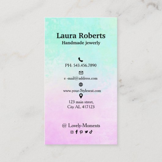 ピンクとアクアブルーの水の色のスタッドイヤリングブシン 名刺 (裏面)