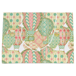 ピンクとアクアブルーホットエアバルーンイラストレーション ラージペーパーバッグ