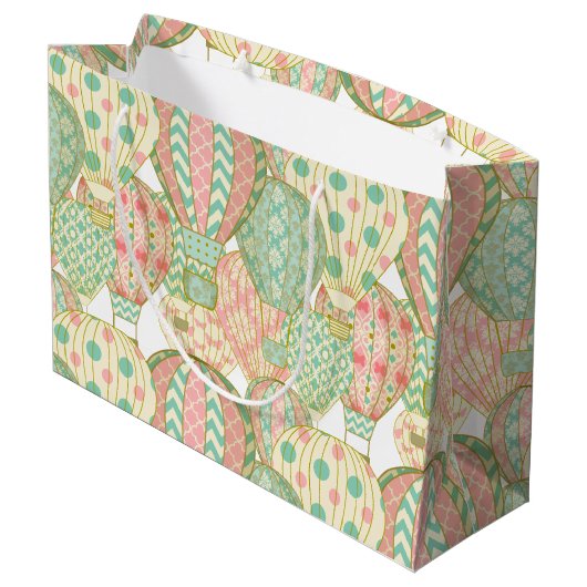 ピンクとアクアブルーホットエアバルーンイラストレーション ラージペーパーバッグ (裏面アングル)