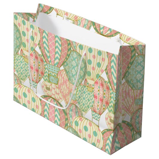 ピンクとアクアブルーホットエアバルーンイラストレーション ラージペーパーバッグ (正面アングル)