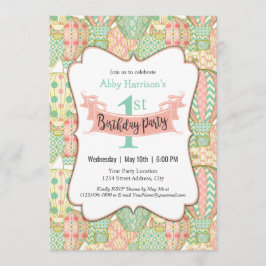 ピンクとアクアホットエアバルーン誕生日パーティー 招待状