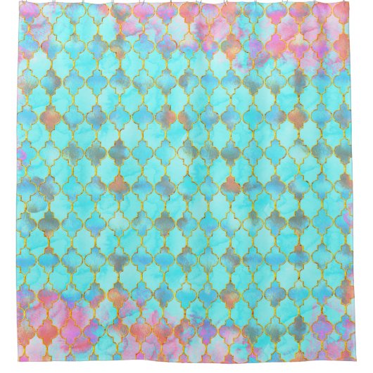 ピンクとアクアマロカンパターン シャワーカーテン (正面)