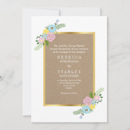 ピンクとアクアヴィンテージ花クラフト紙結婚ズ 招待状