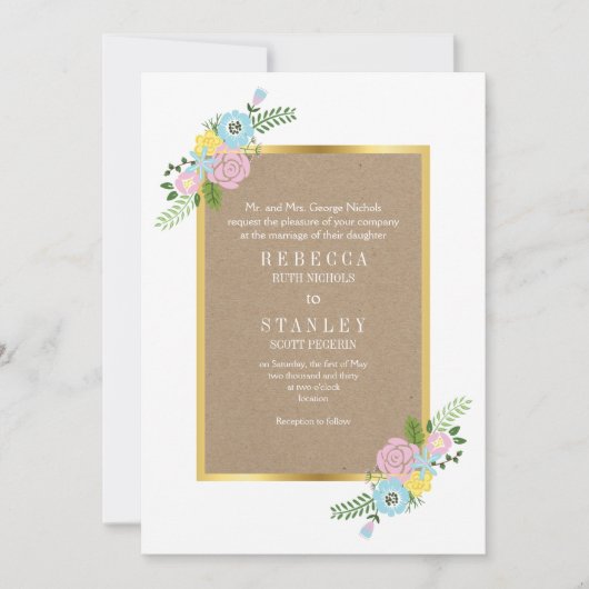 ピンクとアクアヴィンテージ花クラフト紙結婚ズ 招待状 (正面)