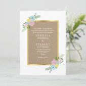 ピンクとアクアヴィンテージ花クラフト紙結婚ズ 招待状 (スタンド正面)