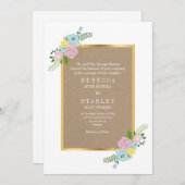 ピンクとアクアヴィンテージ花クラフト紙結婚ズ 招待状 (正面/裏面)