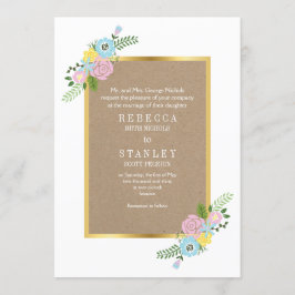 ピンクとアクアヴィンテージ花クラフト紙結婚ズ 招待状