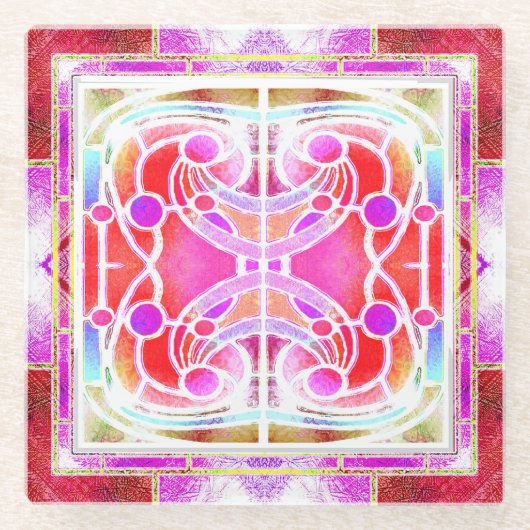 ピンクとアプリコのステンドグラス大聖堂ウィンドウ ガラスコースター (正面)