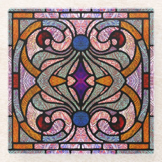 ピンクとアプリコットのステンドグラスデザイン ガラスコースター (正面)