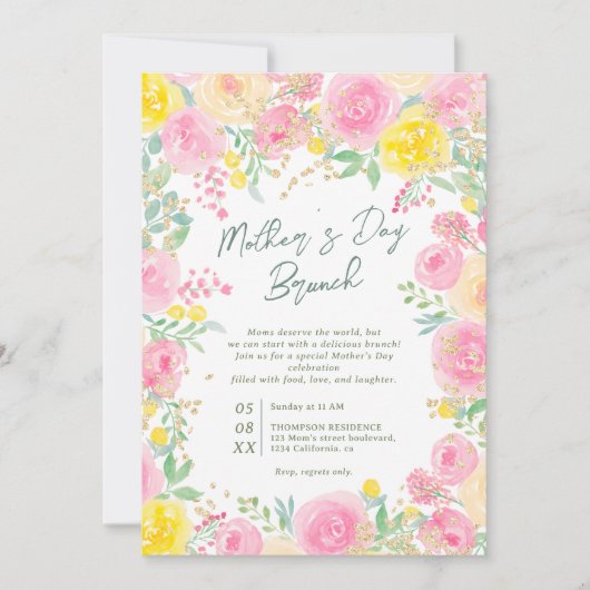 ピンクとイエローのガーデン花水彩の母の日 招待状 (正面)