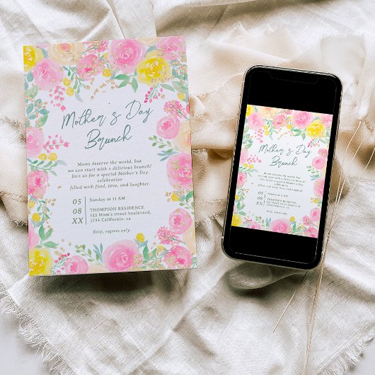 ピンクとイエローのガーデン フラワーの水彩画 マザーズデー 招待状