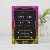 ピンクとイエローのグリッターアートデコフレーム スイート16 招待状 (スタンド正面)