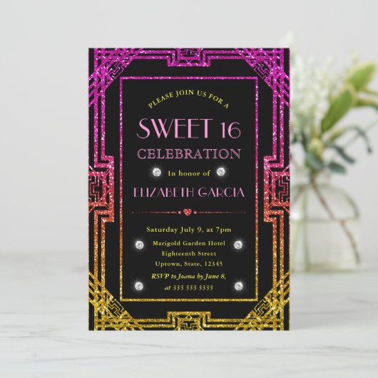 ピンクとイエローのグリッターアールデコフレーム甘い16 招待状 (スタンド正面)